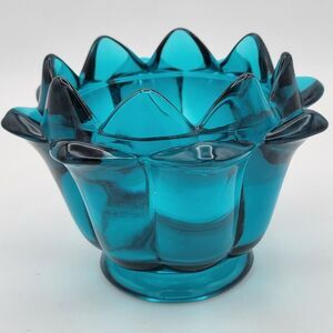 Stunning & Rare Viking Teal Blue Art Glass Lotus Bowl / Candle Holder